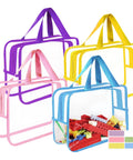 Clear PVC Storage Bags Set With Zipper And Labels, Waterproof Travel Organizer Pouches For Building Blocks Puzzles And Books, 4 Pack, Large 12 X 9.2 X 4 Inches, Multicolor, showing four bags in pink, purple, blue, and yellow.