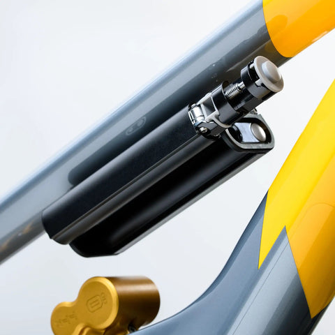 SOS Twin Tube Bike Multitool Kit mounted on a bicycle frame, showcasing hex bits and CO2 inflator for quick trail fixes.