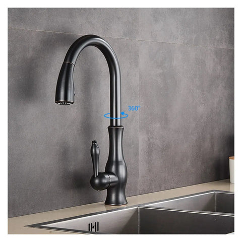 GAZOGJ Black Kitchen Faucet Pull Down Sink Mixer Tap 360°Rotation Single Lever Water Crane Durable Chrome Finish at sink.
