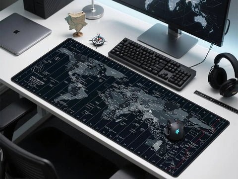World Map XXL Mouse Pad 35.4 By 15.7 Inch With Non Slip Rubber Base And Stitched Edges Beast Desk Mat on office desk setup.