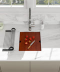Top view of Undermount 14 Inch Stainless Steel Bar Sink With Deep 10 Inch Bowl 16 Gauge T304 Workstation Kitchen Sink For Outdoor RV Camper Under Counter Single Bowl Heavy Duty Rust Resistant Easy To Clean with wooden cutting board placed over it and strawberries.