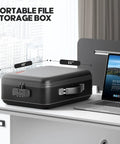 UL94 VTM-0 Certified Fireproof Document Box With Lock sitting on a desk beside a laptop, showing dimensions 15x11x5 inches