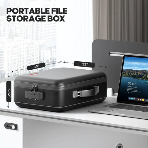 UL94 VTM-0 Certified Fireproof Document Box With Lock sitting on a desk beside a laptop, showing dimensions 15x11x5 inches