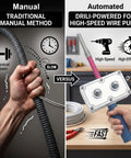 Heavy Duty Handheld Drill Powered Wire Puller showing manual versus automated wire pulling methods for electricians.