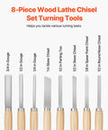 Front view of an 8-piece wood lathe chisel set with wooden handles and carbon steel blades.