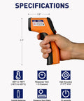 Hand holding Infrared Thermometer Gun No Contact Digital Temperature Gun With Backlit Display Minus 58F to 788F, showing specifications.