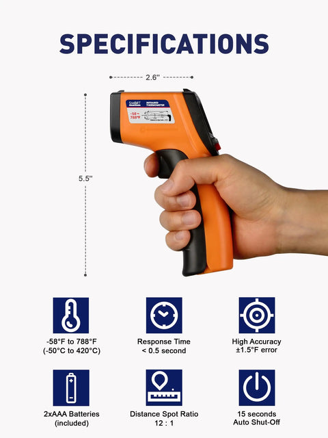 Hand holding Infrared Thermometer Gun No Contact Digital Temperature Gun With Backlit Display Minus 58F to 788F, showing specifications.
