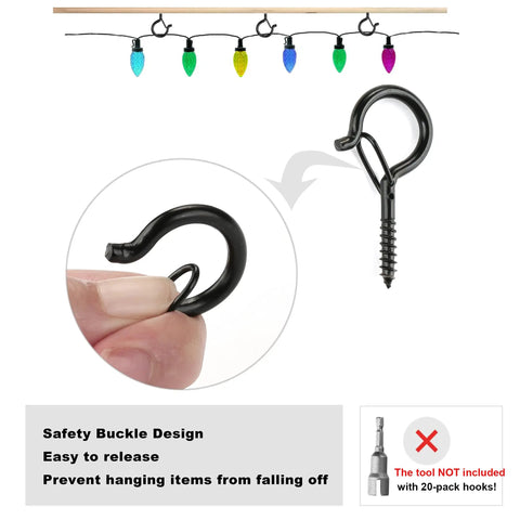 Heavy Duty Outdoor Screw In Hooks For Hanging Plants And String Lights No Fuss 2.2 Inch Eye Hook Cup Hooks, close-up of safety clip and threaded design