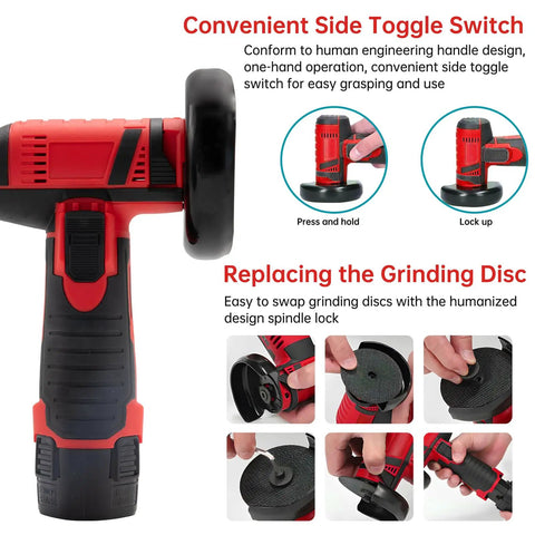 Ultra Fast Mini Cordless Angle Grinder 19500 RPM With Dual Batteries, 76mm Handheld Cutter side view and grip details