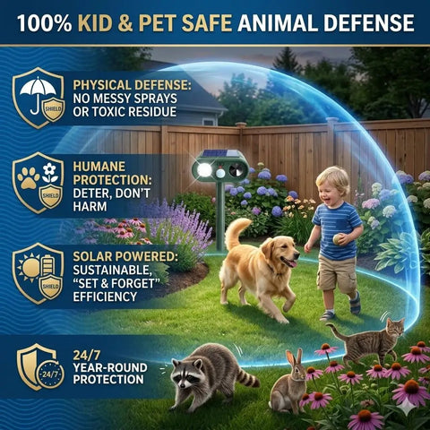 Solar Powered Deer Repellent For Plants And Gardens, Ultrasonic Animal Deterrent With LED Strobe And Adjustable Frequency, Outdoor Garden Pest Control That Keeps Deer And Critters Away From Your Landscaping.