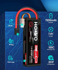 Beefed Up 2 Pack 7.4V 7200mAh 100C RC LiPo Battery Hard Case With TR Plug EC5 for RC cars, showing specifications and design.