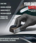 Heavy Duty Industrial Nitrile Work Gloves Eight Mil Thick Rock Solid Diamond Grip Textured Black, showing hand handling material.