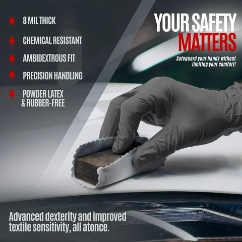 Heavy Duty Industrial Nitrile Work Gloves Eight Mil Thick Rock Solid Diamond Grip Textured Black, showing hand handling material.