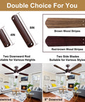 52 Inch Farmhouse Ceiling Fan With Light And Remote For Indoor Outdoor Spaces Bronze Finish 3CCT LED 6 Speed Reversible DC Motor Quiet 5 Blade Design Ideal For Patio Porch Bedroom Living Room, showcasing double choice feature with 4-inch and 8-inch downrods and two blade colors, brown and red-brown wood stripes, in cozy living rooms.