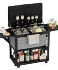 Patio Cooler Cart With Wheels 104 Quart Outdoor Ice Chest Beverage Bar Cart with handles, storage shelf, bottle opener, and ice scoop.