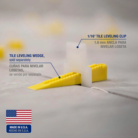 LASH Tile Leveling System Part A Clips For One Sixteenth Inch Grout 1000 Pack, shown with separated leveling wedge.