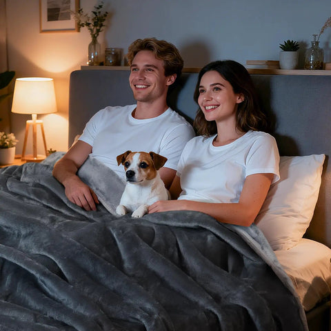 Couple and dog on bed with Waterproof Reversible Flannel Bed Blanket 60x80 Twin Size, Leakproof Dog Pet Throw, grey color.