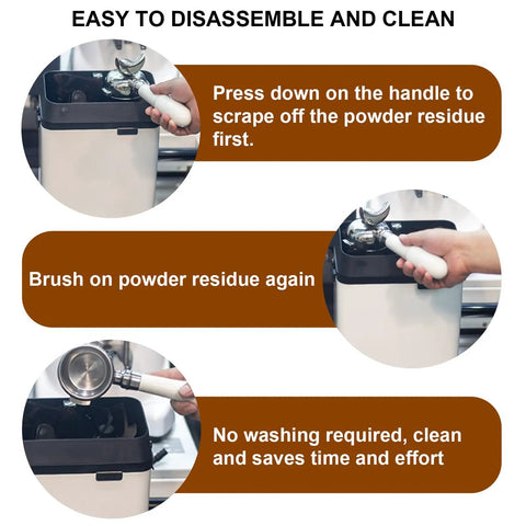 Top Shelf Electric Knock Box And Commercial Portafilter Cleaner showing easy disassembly and brush cleaning steps for café use.