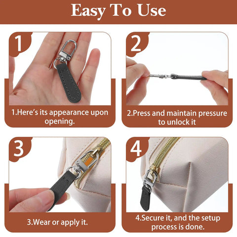 Step-by-step guide for installing the Eight Piece Black Leather Zipper Pull Replacement Set for Luggage Suitcases and Handbags.
