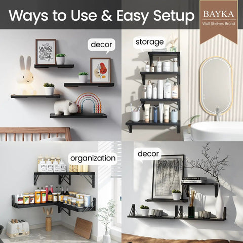 Straight Up Sleek Wall Mounted Floating Shelves In Matte Black Solid Set Of Four for decor, organization, and storage in a modern setup.