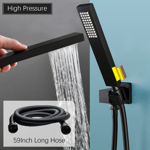 Premium Matte Black Shower Setup With A Heavy Rainfall Head And Adjustable Handheld Sprayer dual body jets, featuring 59-inch long hose.