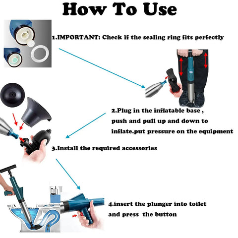 Steps to use Air Powered Toilet Drain Blaster Plunger for clog removal, showing assembly and operation instructions.