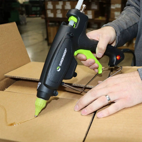 Heavy Duty Adjustable Temperature Hot Glue Gun For Wood Metal Fabric Ceramics 220 To 400 Degrees With Full Size 7 Sixteenth Inch Sticks Build Strong DIY Projects in use sealing cardboard box