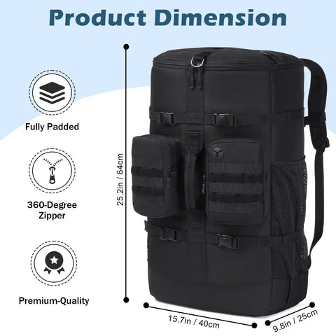65L Scuba Diving Backpack for Travel With Large U Opening Gear Bag shown in black 15.7x9.8x25.2 inches with padded design