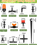 Illustration of Quarter Inch Drip Irrigation Fittings Kit, 220 Pcs For Drip Systems Including Valves Nozzles Micro Drips Four Way Cross Tees Couplings End Plugs Elbows Hose Stakes Easy Install Durable Plastic Garden Irrigation Set, showing various components and sizes.