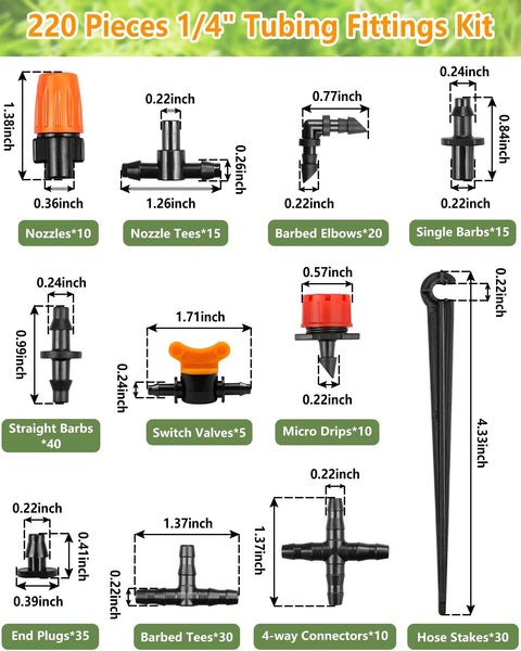 Illustration of Quarter Inch Drip Irrigation Fittings Kit, 220 Pcs For Drip Systems Including Valves Nozzles Micro Drips Four Way Cross Tees Couplings End Plugs Elbows Hose Stakes Easy Install Durable Plastic Garden Irrigation Set, showing various components and sizes.