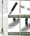 Thatch Rake With 58.5 Inch Adjustable Handle And 15 Inch Steel Head shown with features like soft grip and curved steel teeth