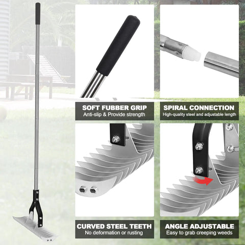 Thatch Rake With 58.5 Inch Adjustable Handle And 15 Inch Steel Head shown with features like soft grip and curved steel teeth