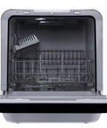 Portable Countertop Dishwasher Plug And Play With Six Liter Water Tank For Apartments Rv And Dorms Compact Washing And Drying Machine interior view showing rack and tank.