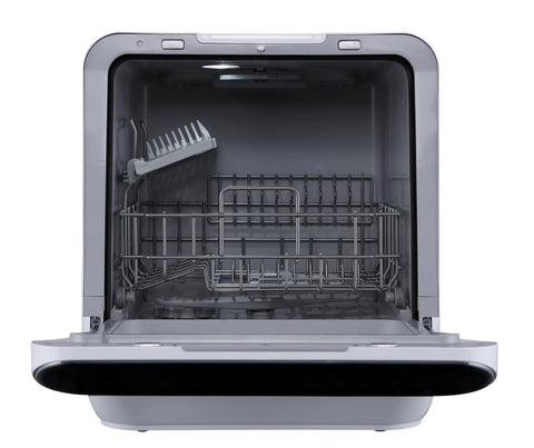 Portable Countertop Dishwasher Plug And Play With Six Liter Water Tank For Apartments Rv And Dorms Compact Washing And Drying Machine interior view showing rack and tank.