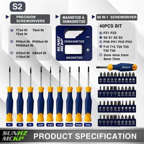 Magnetic 66-Piece Screwdriver Set With S2 Alloy Tool Steel Bits displayed with precision drivers and replaceable bits in packaging.