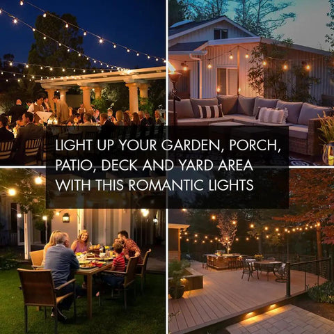 Durable Outdoor String Lights 48Ft With 16 LED Shatterproof Bulbs illuminating patio and porch areas, perfect for parties.