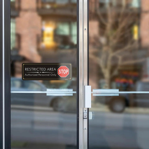 Heavy Duty Acrylic Restricted Area Sign For Authorized Personnel Only Doors Hella Weatherproof Warning Plaque on glass door.