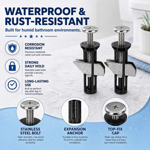 Heavy Duty Toilet Seat Fastener Bolt Kit With 304 Stainless Steel Locking Hardware, Waterproof Universal Toilet Seat Mounting Replacement shown with rust-resistant bolts