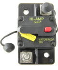 30 Amp Surface-Mount Circuit Breaker, Waterproof Flush Mount, Type III Reset Lever, 6-48 VDC, close-up of reset lever and bolts