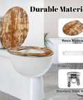 Round Grunge Rusty Effect Wood Toilet Seat installed on a white toilet with stainless steel hinges and protective bumpers.
