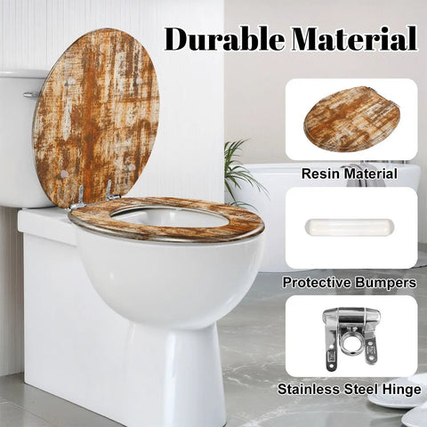 Round Grunge Rusty Effect Wood Toilet Seat installed on a white toilet with stainless steel hinges and protective bumpers.