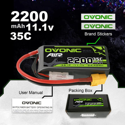 Beefy 3S 11.1V 2200mAh 35C LiPo Battery With XT60 Connector, soft case, showing user manual and packing box.