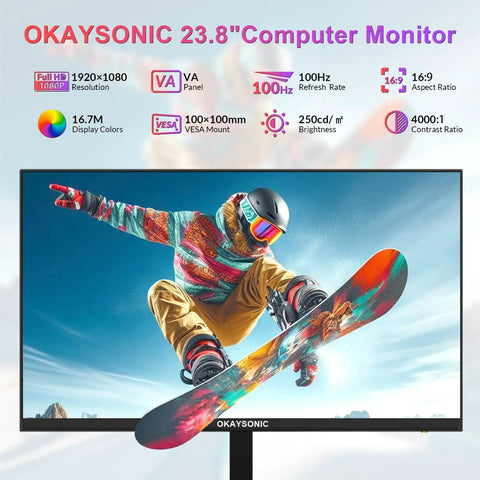 23.8 inch FHD computer monitor displaying a snowboarder, 100Hz refresh rate, 16.7M colors, VA panel, vivid imagery