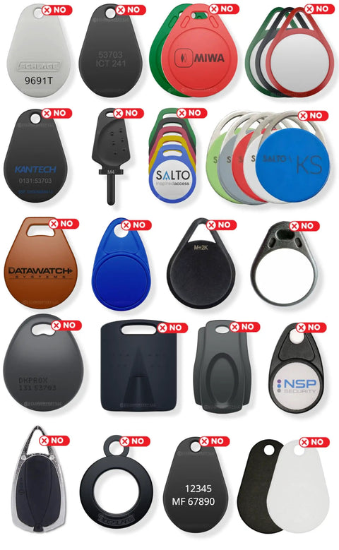 Assorted 125kHz key fobs and badges for use with RFID Duplicator For 125kHz Key Fobs And Cards Copy Up To Four Access Badges