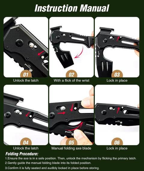 Instruction manual for Folding Hatchet Axe With Hammer And Bottle Opener showing step-by-step locking system