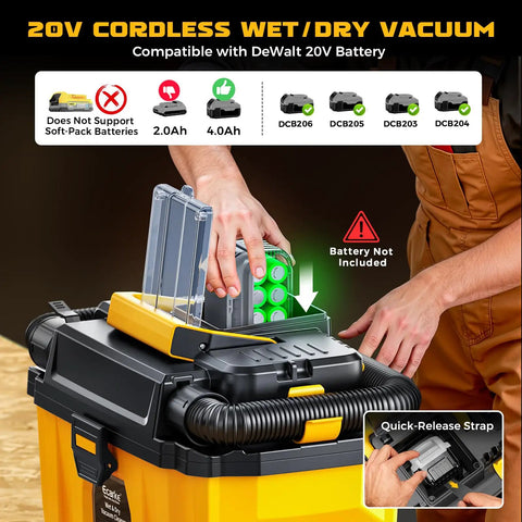 Person placing DeWalt 20V battery into cordless 2.5 gallon wet dry shop vacuum with 15KPa suction, brushless motor, and HEPA filter.