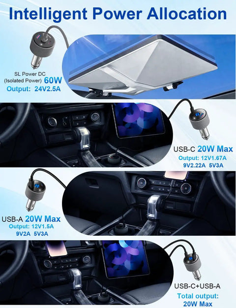 Starlink Mini Car Adapter With 60W Power Converter And Dual USB Ports For 12 To 24 Volt Vehicle Sockets showing USB-C and USB-A outputs in car.