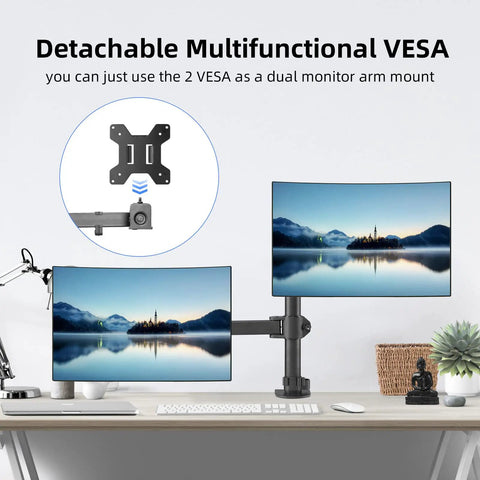 Ergonomic Monitor And Laptop Arm Mount For 13 To 32 Inch Screens Up To 22 Lbs, installed on desk holding two monitors