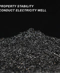 Close-up of pure graphite powder showcasing fine texture with text 'Property Stability Conduct Electricity Well' against black background.