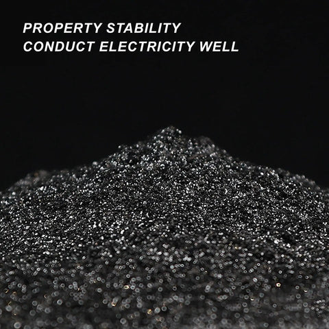 Close-up of pure graphite powder showcasing fine texture with text 'Property Stability Conduct Electricity Well' against black background.